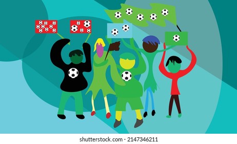 Vector illustration of soccer fans. Gender group of people of different ethnicities and backgrounds. Cheering football together. Group of fans with flags and pennants with a soccer ball.