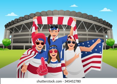 A vector illustration of soccer fans outside of the stadium 