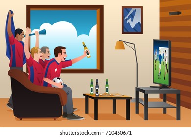 A vector illustration of soccer fans watching the game on TV