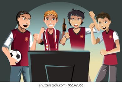 A vector illustration of soccer fans watching the game on the television