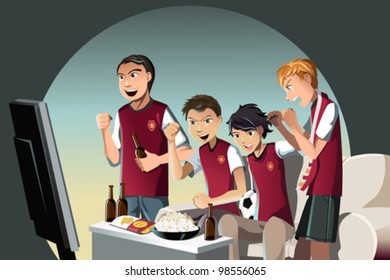 A vector illustration of soccer fans watching the game on the television