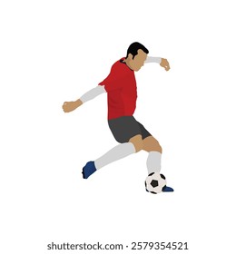 Vector illustration of soccer or football player in cartoon flat style. Player kicking ball icon 