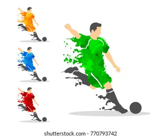 illustration vectorielle footballeur ou footballeur dans une action avec éclaboussures et aquarelle