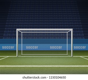 Vector illustration of soccer goal post on field, football gates on stadium background