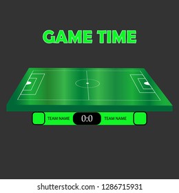 vector illustration of soccer or lacrosse green field in centre text game time under and ufo green scoreboard under on black background. Versus screen
