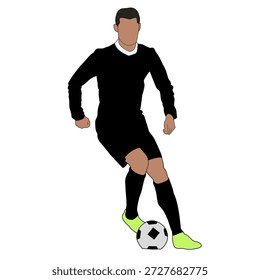 Ilustración vectorial de un jugador de fútbol atleta con una camisa negra y pantalones negros a punto de patear un balón de fútbol. Vector de deportes y juegos.