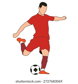 Ilustração vetorial de um atleta jogador de futebol vestindo uma camisa vermelha e calças prestes a chutar uma bola de futebol. Esportes e jogos tema vetor.