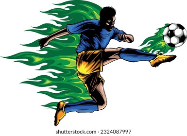 ilustración vectorial de un futbolista con llamas