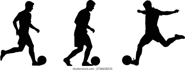 Ilustração vetorial do ícone do jogador de futebol, com três poses de silhueta em drible, kick prep e strike motion