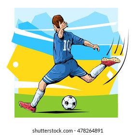 Vector illustration of a soccer player kicking the ball. Beautiful football themed poster. Football player, team game, summer sports