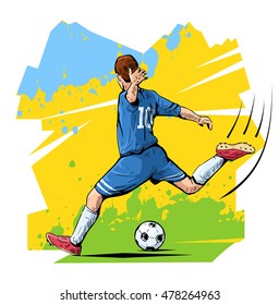 Vector illustration of a soccer player kicking the ball. Beautiful football themed poster. Football player, team game, summer sports