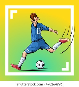 Vector illustration of a soccer player kicking the ball. Beautiful football themed poster. Football player, team game, summer sports