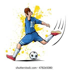 Vector illustration of a soccer player kicking the ball. Beautiful football themed poster. Football player, team game, summer sports