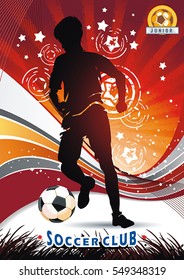 Vector illustration soccer player silhouette in attack. Creative design. Abstract football poster sports series with place for your text, eps8