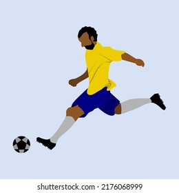 Vector illustration of a soccer player in yellow jersey and blue short is going to kick a ball.