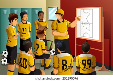 A vector illustration of soccer players in locker room listening to coach talking