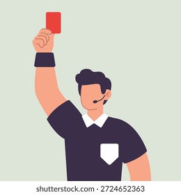 Vector illustration of soccer referee showing a red card during a football match. Flat modern character design with referee uniform and headset, isolated on light background.