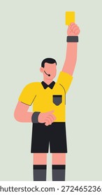 Ilustração vetorial do árbitro de futebol mostrando um cartão amarelo durante uma partida de futebol. Design de personagem plano moderno com uniforme de árbitro e fone de ouvido, isolado no fundo de luz.