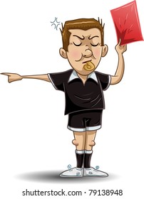 A Vector illustration of a soccer referee whistles, holds out a red card and points to the side.