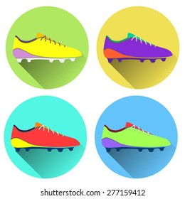 Vector illustration of soccer shoes, american football boots icon. Set. color flat design style with long shadow.