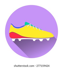 Vector illustration of soccer shoes, american football boots icon. Color flat design style with long shadow. Circle.