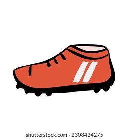 Vector illustration of soccer shoes, football boots icon on white background flat style with spikes. Running shoe for soccer players, soccer player athlete uniform element, red footwear for training,