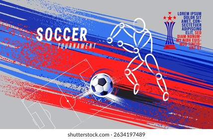 Vector illustration of a soccer tournament poster with abstract red and blue grunge brush strokes. Features a stylized football player figure, dynamic motion