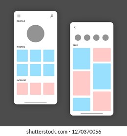 Vector illustration of Social App Template mock-up in white. UI/UX of a social application with profile page and feed page. EPS10 compatible