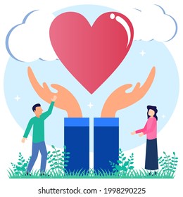 Vector illustration of social care with heart symbol as charity in humanity concept. support for the weaker and poorer with the help of donations and charities. Autism awareness and solidarity.
