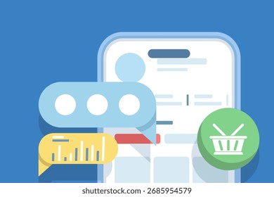 Ilustración vectorial del crecimiento del comercio social. Los Anuncios muestran las compras en línea a través de las redes sociales, las compras en el App y la participación del usuario, lo que aumenta las ventas y el éxito del marketing digital.