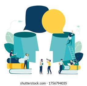 Vector illustration, social communication, two big heads share thoughts, sociability, learning