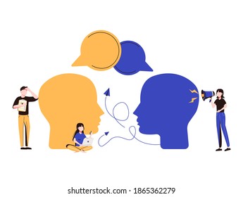Vector illustration, social communication, two big heads share thoughts, sociability, learning