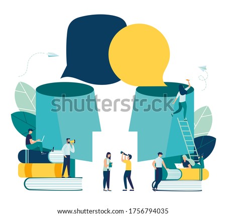 Vector illustration, social communication, two big heads share thoughts, sociability, learning