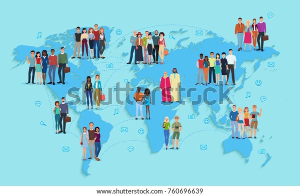 青の背景に社会 人口学的世界地図のベクターイラスト グループ内の多民族 のベクター画像素材 ロイヤリティフリー
