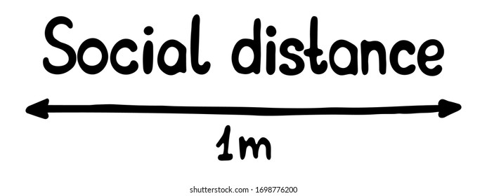  Vektorillustration. Sozialer Abstand 1 Meter Symbol einzeln auf weißem Hintergrund. Unterschrift Quarantänemaßnahmen. Handgezeichnete, einfache Doodle-Clipart-Kunst im trendigen Minimalismus-Stil.  