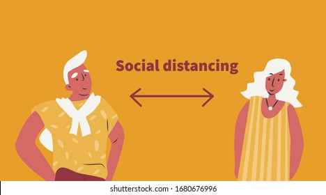 Vector illustration of social distancing concept. Keep distance sign. Coronovirus epidemic. Steps show how you can protect yourself. Keep the distance.