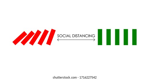 Vector illustration of social distancing concept space or gaps to prevent domino effects from coronavirus or covid-19 disease.