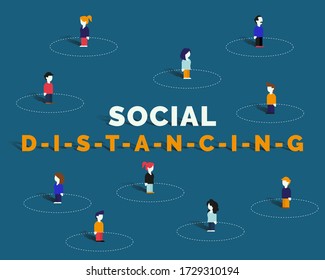 Vector illustration of social distancing concept. A group of people with a security area around them to keep a safe distance and fight the coronavirus. Stop covid-19