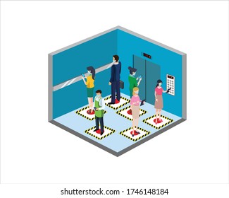 Vector Illustration Social distancing concept in elevators with 6 people inside. In case of safety concept from coronavirus or COVID19 outbreak. New Normal protocol for workers