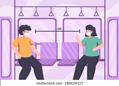 vector illustration Social distancing concept with people wearing medical face masks on public transport. covid-19 coronavirus prevention concept. new normal  concept. metro subway. 