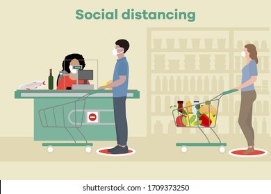 Vector illustration Social distancing. Coronavirus COVID-19. People in masks stand at marks at distance from each other in store, supermarket. Pandemic. Reducing risk of infection, prevention measures