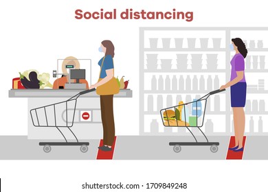 Vektorillustration Illustration Soziale Distanzierung. Coronavirus COVID-19. Die Menschen in Masken stehen im Supermarkt, im Supermarkt, in Abzweigung zueinander. Pandemie. Verringerung des Infektionsrisikos, Vorbeugungsmaßnahmen