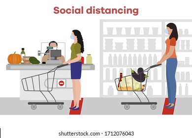 Vector illustration Social distancing. Coronavirus COVID-19. People in masks stand at marks at distance from each other in store, supermarket. Pandemic risk of infection prevention measures.