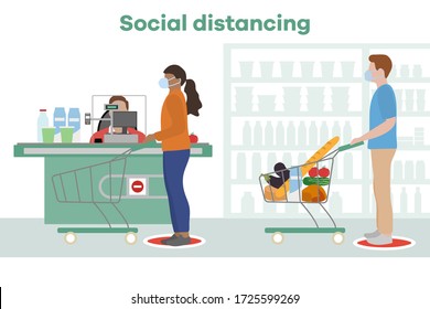 Vector illustration Social distancing. Coronavirus COVID-19. People in masks stand at marks at distance from each other in store, supermarket. Pandemic. Reducing risk of infection, prevention measures