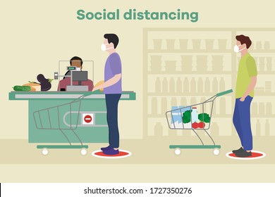 Vector illustration Social distancing. Coronavirus COVID-19. People in masks stand at marks at distance from each other in store, supermarket. Pandemic. Reducing risk of infection, prevention measures