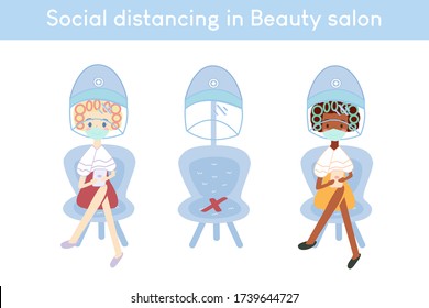 Vector illustration of Social distancing in Hair Salon or Beauty salon,Two Woman customers wearing Protective mask in Barber Shop, Equipments of Hairdresser, New Normal of Beauty Shop with Healthcare.