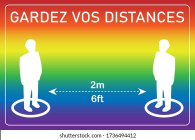 Vector illustration of social distancing. Keep your distance in french (Gardez vos distances). Person location icons. 2 meters or 6 feet. White icons on rainbow background with frame.