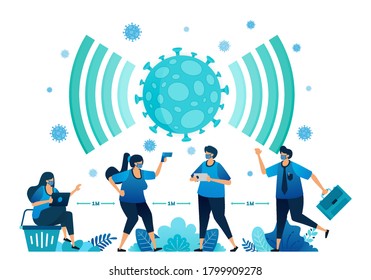 Vector illustration of social distancing and new normal protocols for work and activities during a pandemic. Symbol icon for virus, radar, signal, network and wifi of covid-19. Landing page, web, apps