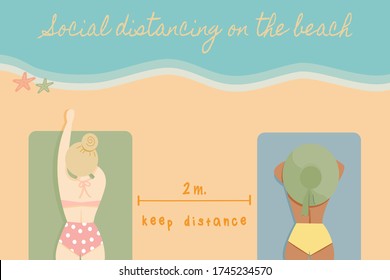 Imagen vectorial de la distancia social en la playa, 2 mujeres mantienen distancia para tomar el sol o broncearse en la arena. Nueva playa normal de verano después del bloqueo debido al coronavirus o COVID-19.