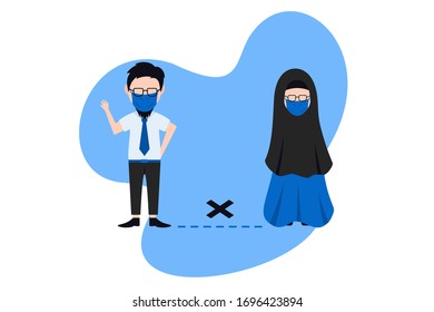 Vector illustration social distancing. Physical distancing. Keeping everyone away from spreading the corona virus in public spaces. Flat design.